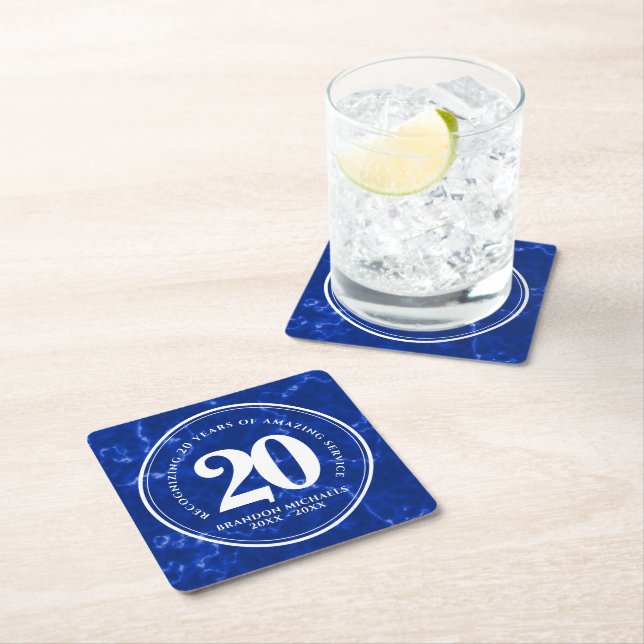 Elegant Blue Marble 20 Years Work Anniversary Square Paper Coaster (Insitu)