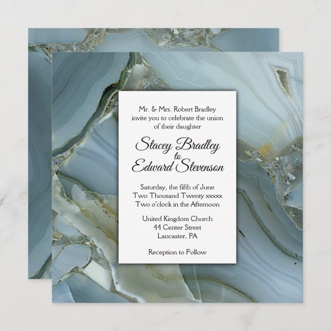 Elegant Blue Marble Agate Wedding Invitation (Front/Back)