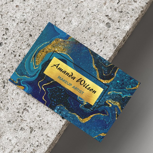 Elegant blue marble art faux gold glitter 	Magnetic business card (Creator Uploaded)