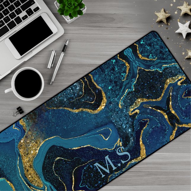 Elegant blue marble art faux gold glitter monogram desk mat (Creator Uploaded)