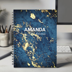 Elegant blue marble art faux gold glitter monogram notebook
