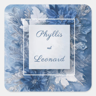 Elegant Blue Marble Floral Wedding Square Sticker