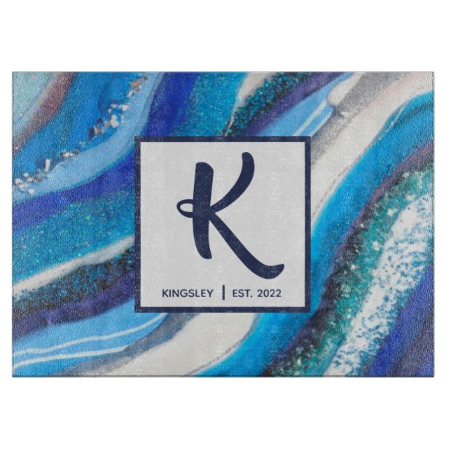 Elegant Blue Marble Geode Agate Abstract Family  Cutting Board (Front)