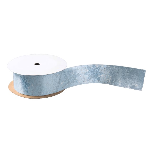 Elegant blue marble glitter snowflake pattern satin ribbon (Spool)