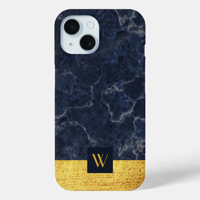 Elegant Blue Marble Gold Monogram Case-Mate iPhone Case (Back)
