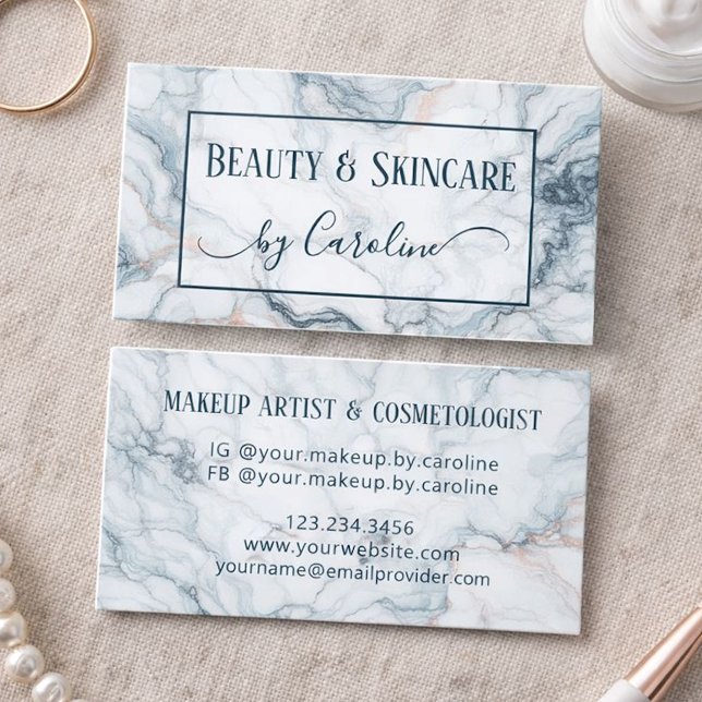 Elegant Blue Marble Makeup Artist & Hair Stylist Business Card (Creator Uploaded)