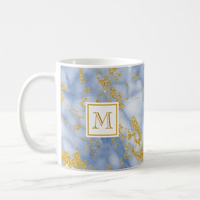 Elegant Blue Marble Monogram Faux Gold Glitter Coffee Mug (Left)