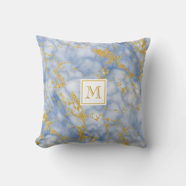 Elegant Blue Marble Monogram Faux Gold Glitter Cushion (Front)