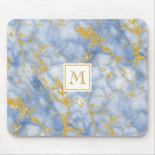 Elegant Blue Marble Monogram Faux Gold Glitter Mouse Pad
