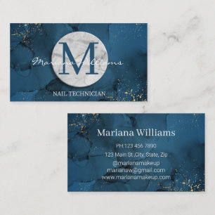 elegant blue marble monogram nail technician business card