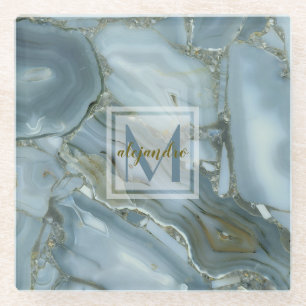 Elegant Blue Marble Natural Stone Pattern Monogram Glass Coaster