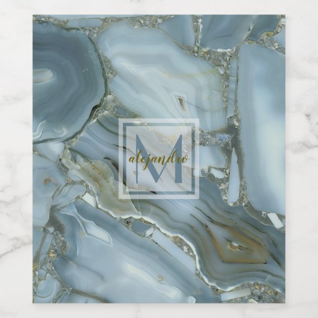 Elegant Blue Marble Natural Stone Pattern Monogram Wine Label (Single Label)