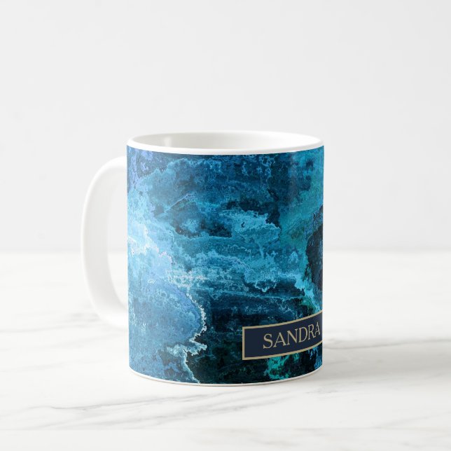 Elegant blue marble pattern with name coffee mug (Front Left)
