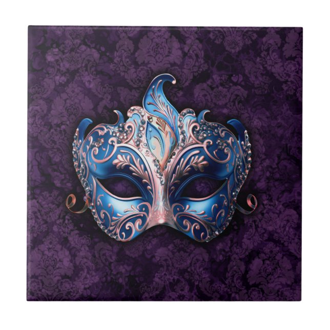 Elegant Blue Masquerade Mask Ceramic Tile (Front)