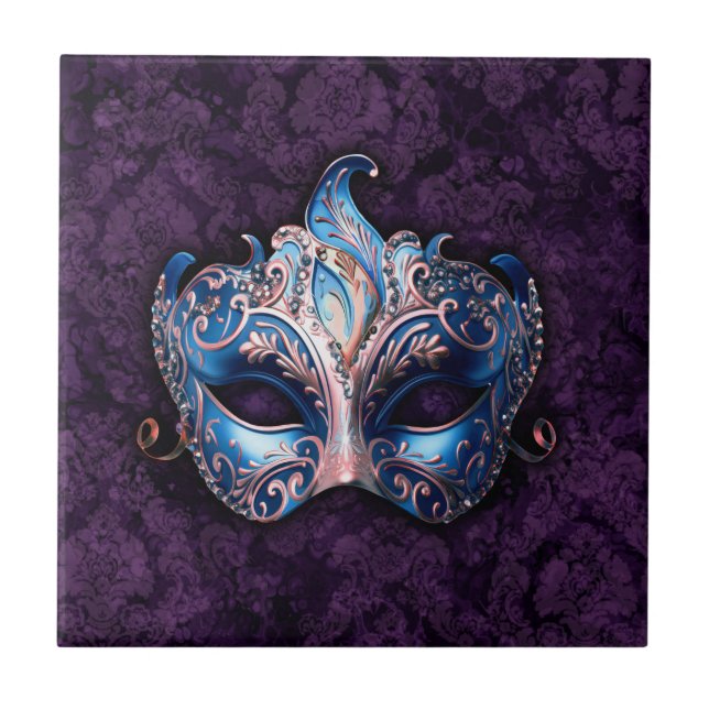 Elegant Blue Masquerade Mask Ceramic Tile (Front)