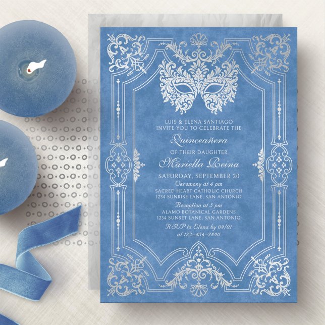 Elegant Blue Masquerade Mask Quinceanera Invitation (Creator Uploaded)