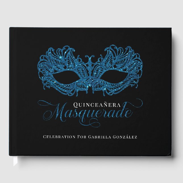Elegant Blue Masquerade Quinceanera Guest Book (Front)