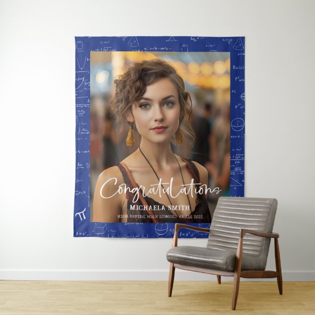 Elegant Blue Math Congratulations Photo Graduation Tapestry (In Situ)
