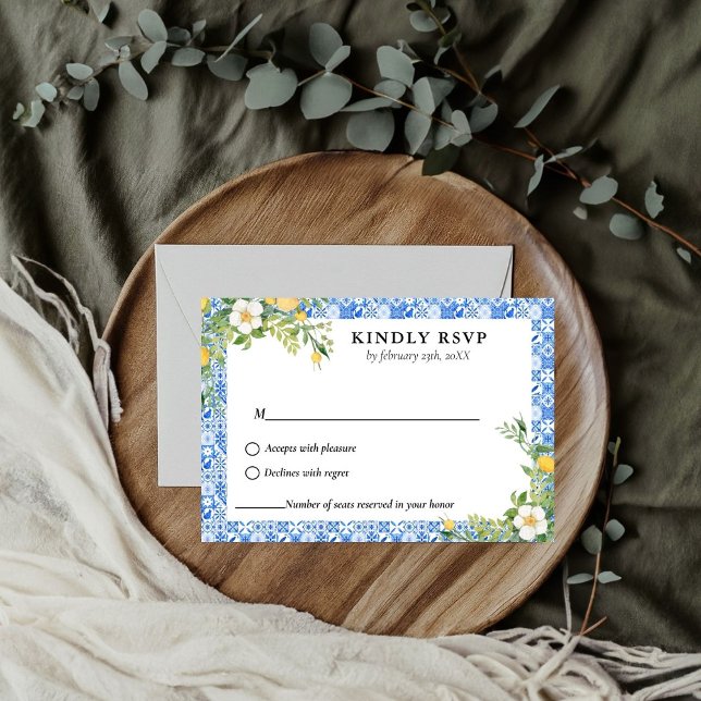 Elegant Blue Mediterranean  lemon wedding RSVP Card (Creator Uploaded)