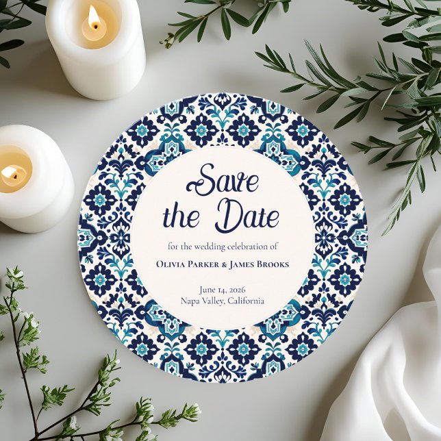 Elegant Blue Mediterranean Tile Save the Date Card (Creator Uploaded)