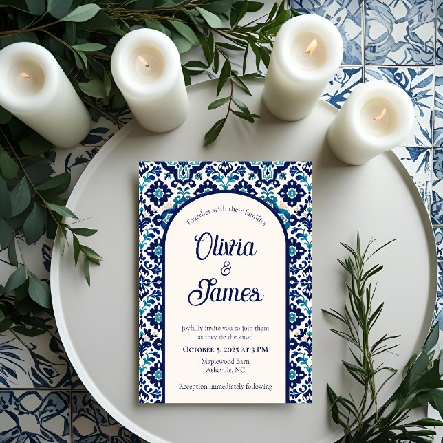 Elegant Blue Mediterranean Tile Wedding Invitation (Creator Uploaded)