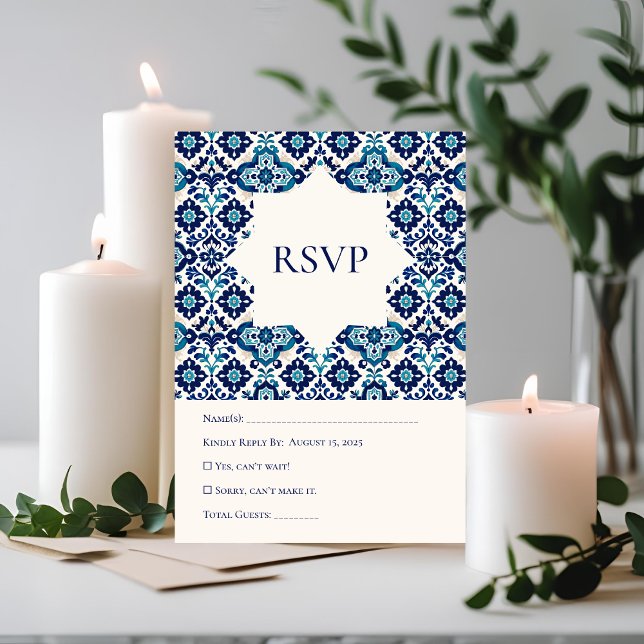 Elegant Blue Mediterranean Tile Wedding RSVP Card (Creator Uploaded)
