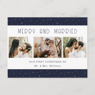 Elegant Blue Merry and Married Photo Newlywed Holiday Postcard