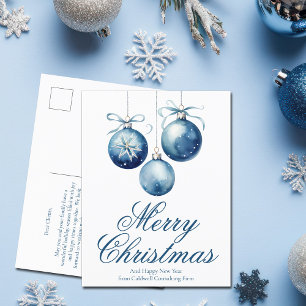 Elegant Blue Merry Christmas Ornaments Business Holiday Postcard