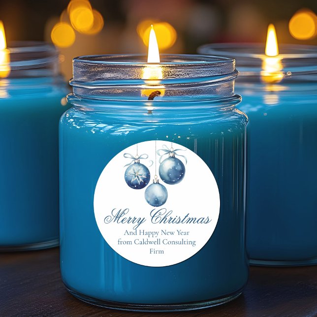 Elegant Blue Merry Christmas Ornaments Company Classic Round Sticker (Creator Uploaded)