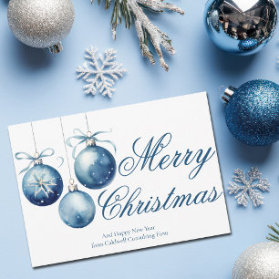 Elegant Blue Merry Christmas Ornaments Company Holiday Card