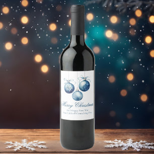 Elegant Blue Merry Christmas Ornaments Company Wine Label