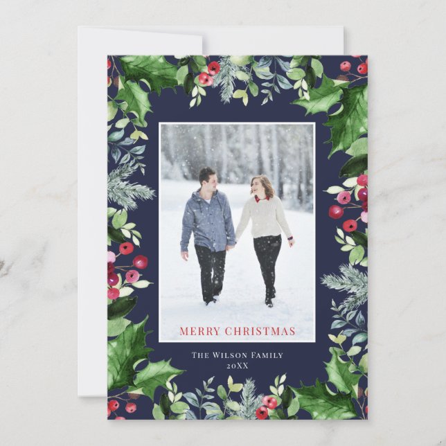 Elegant Blue Merry Christmas Photo Greenery Holiday Card (Front)