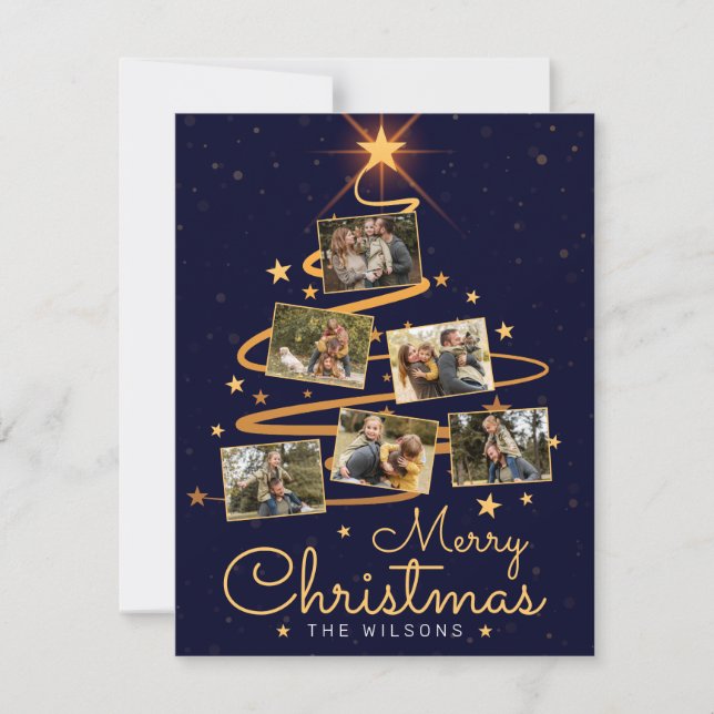 Elegant Blue Merry Christmas Tree 7 Family Photo Holiday Card (Front)