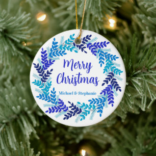 Elegant Blue Merry Christmas Wreath Ceramic Ornament