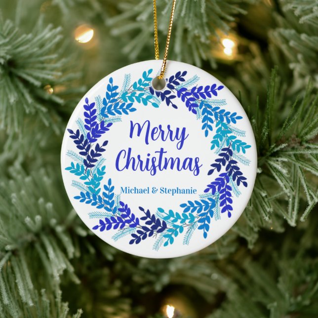 Elegant Blue Merry Christmas Wreath Ceramic Ornament (Tree)