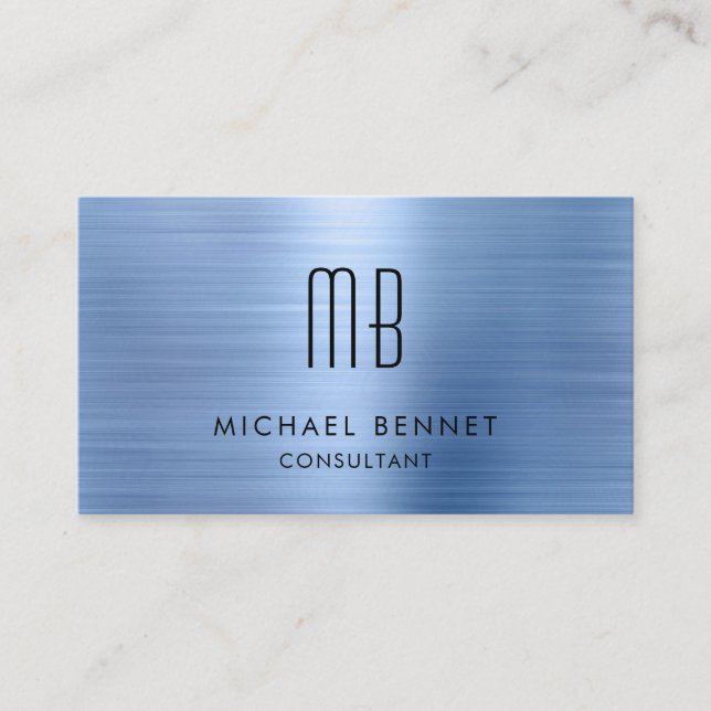 Elegant Blue Metallic Monogram Consultant Business Card (Front)