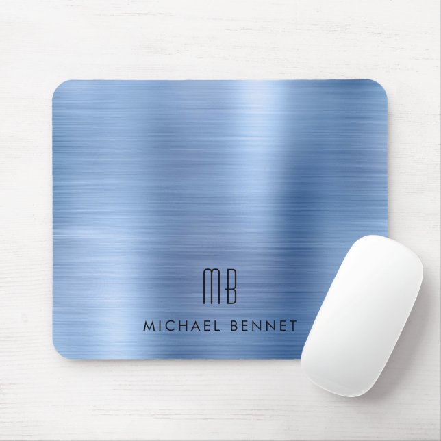 Elegant Blue Metallic Monogram Name Mouse Pad (With Mouse)