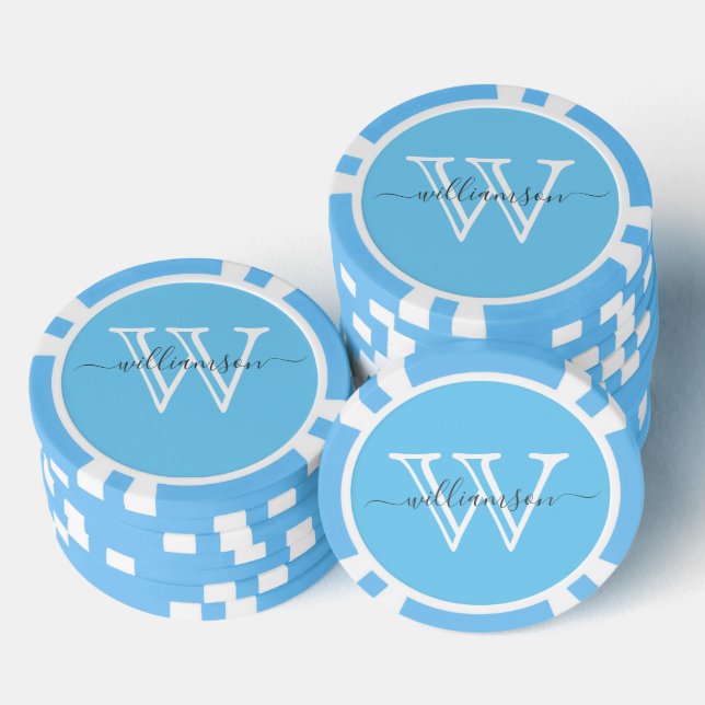 Elegant Blue Minimal Name and Monogrammed  Poker Chips (Stack)