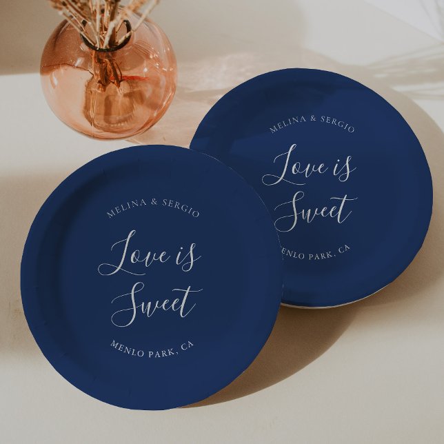 Elegant Blue Minimalist Calligraphy Wedding  Paper Plate (Creator Uploaded)