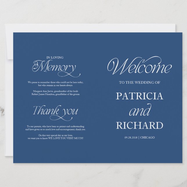 Elegant Blue Minimalist DIY Wedding Folded Program (Front)