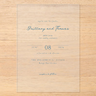 Elegant Blue Minimalist Wedding Acrylic Invitations