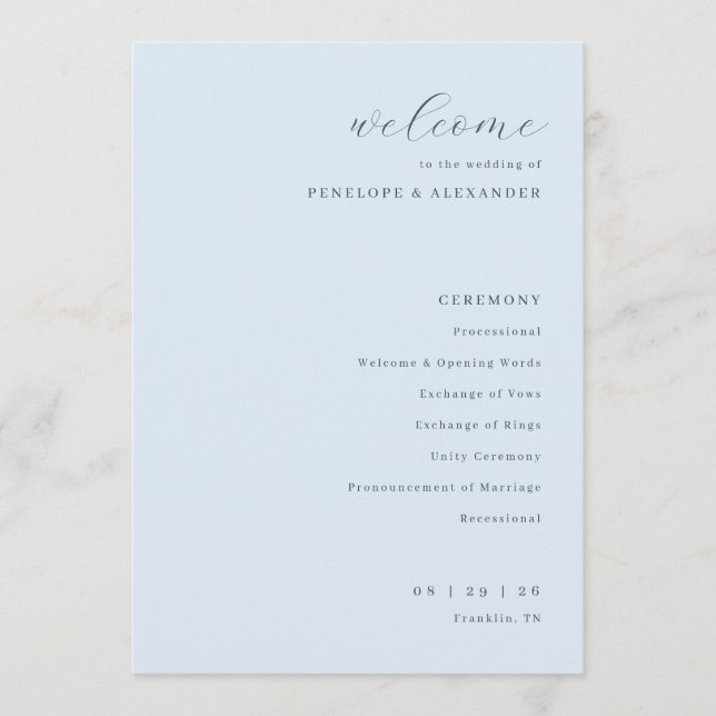 Elegant Blue Minimalist Wedding Ceremony Program (Front)