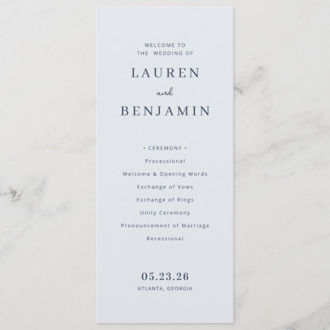 Elegant Blue Minimalist Wedding Program (Front)