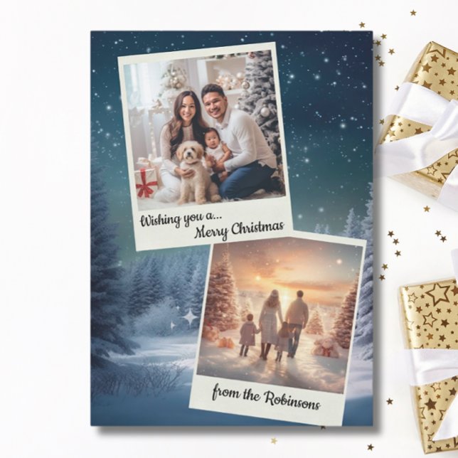 Elegant Blue Modern Two Photo Collage Christmas Holiday Card (Creator Uploaded)