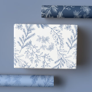 Elegant Blue Monochrome Rustic Winter Botanicals Wrapping Paper Sheet