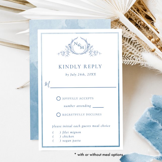 Elegant Blue Monogram and Watercolor Wedding RSVP (Creator Uploaded)