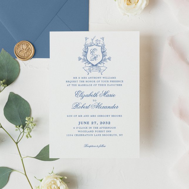 Elegant Blue Monogram Crest Traditional Wedding Invitation (Creator Uploaded)