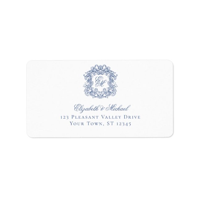 Elegant Blue Monogram Crest Wedding Address Label (Front)