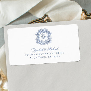 Elegant Blue Monogram Crest Wedding Address Label