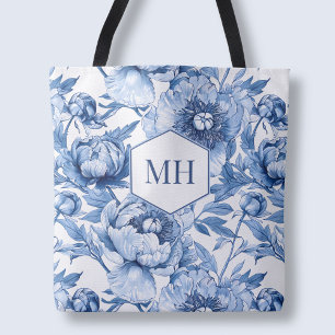 Elegant Blue Monogram Floral Botanical Flowers Tote Bag